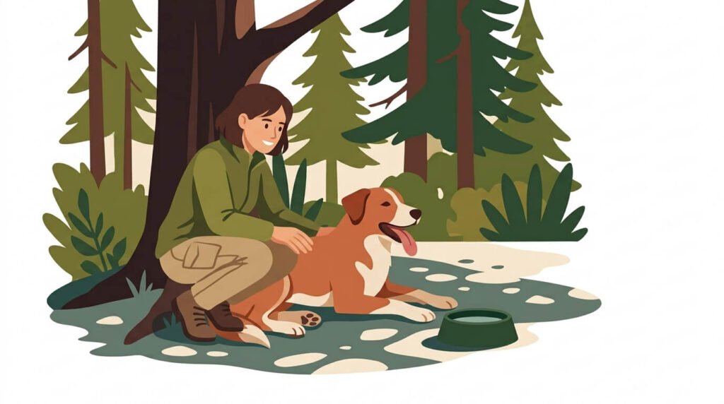 Illustration for hiking with dogs safety showing a dog resting in the shade with its owner's hand on its back and a water bowl nearby.