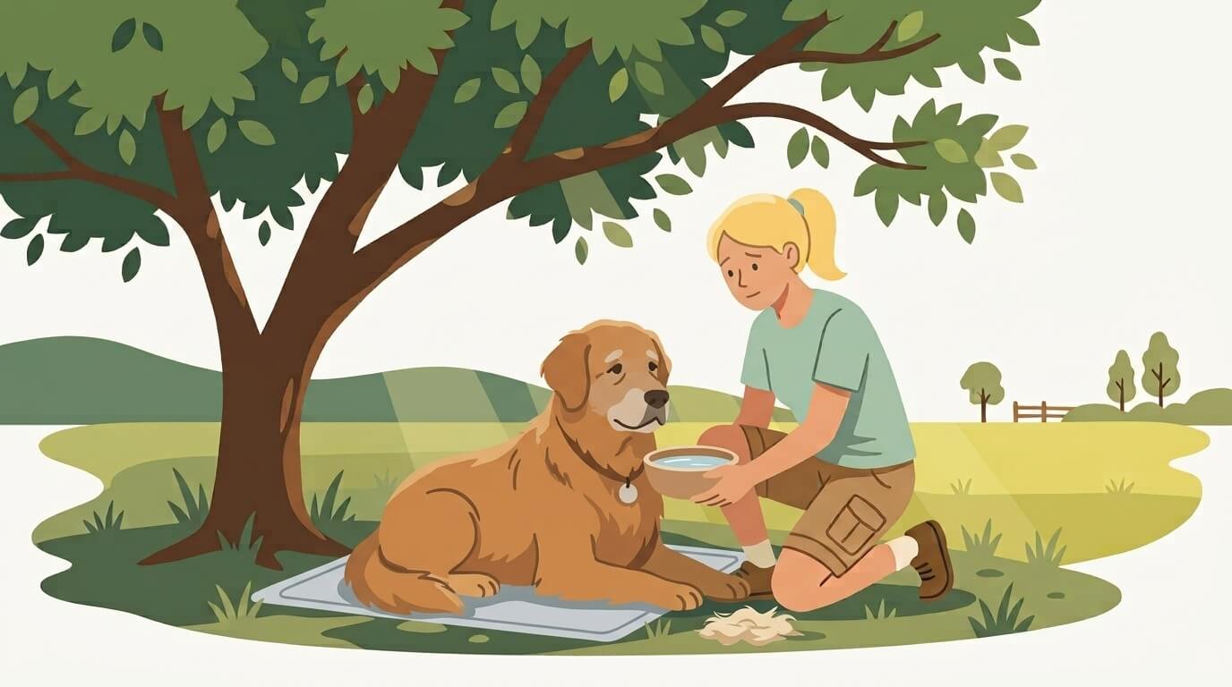 Illustration for hiking with dogs safety showing a senior dog resting in the shade with its owner and a cooling mat nearby