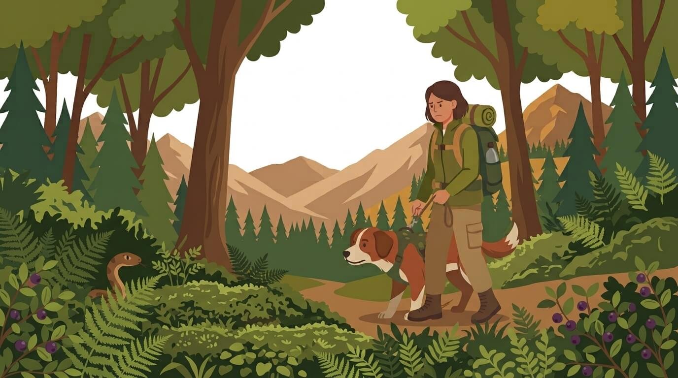 Illustration for hiking with dogs safety showing an owner holding their dog close on a short leash while watching a snake on the trail ahead from a safe distance.
