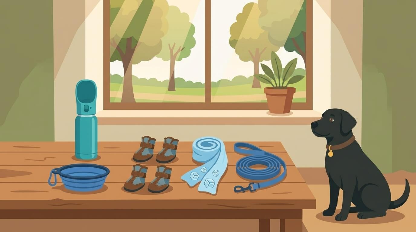 Illustration for hiking with dogs safety showing summer walking gear laid out on a table with a dog waiting nearby.