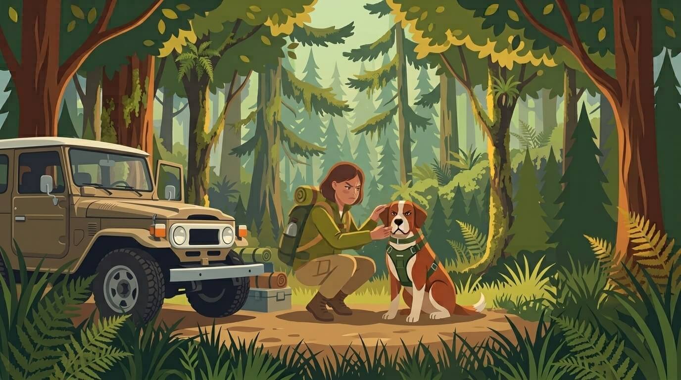 Illustration for hiking with dogs safety showing an owner checking their dog for ticks before returning to the car.