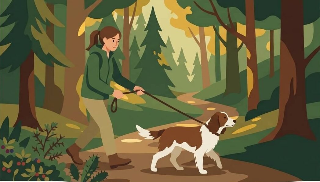 Illustration for hiking with dogs safety showing an owner gently guiding their dog away from wild plants on a narrow forest trail.
