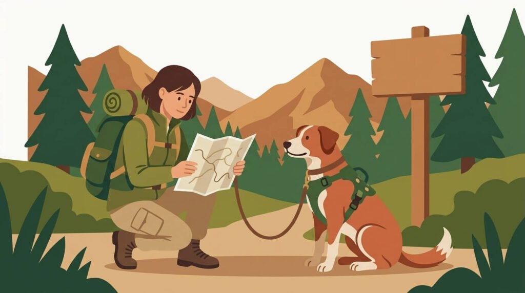 Cartoon illustration of a hiker and their dog looking at a trail map
