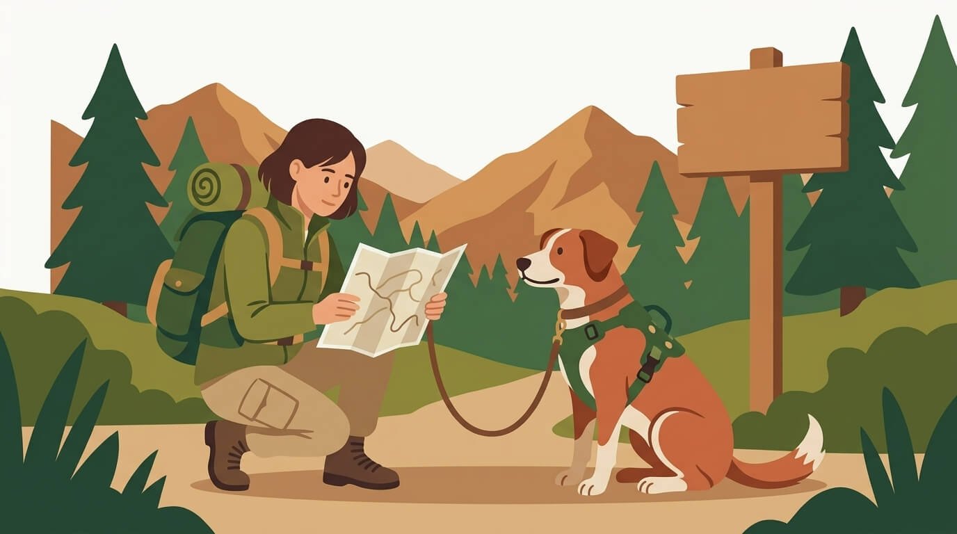 Cartoon illustration of a hiker and their dog looking at a trail map