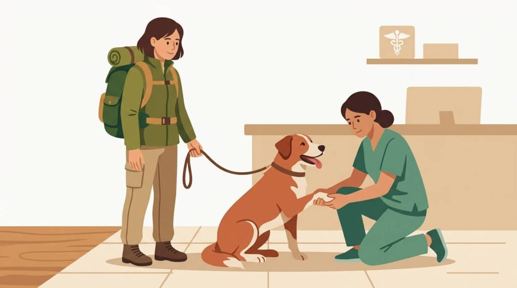 Illustration for hiking with dogs safety showing a veterinarian examining a dog's paw while the owner stands nearby with a hiking backpack.