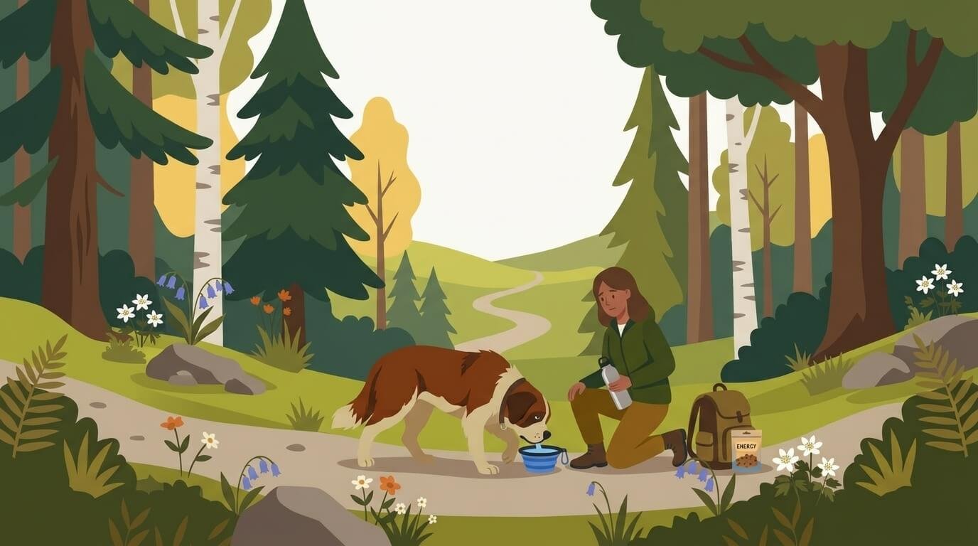 Illustration for hiking with dogs safety showing a dog drinking from a collapsible bowl while its owner holds a water bottle on a trail.