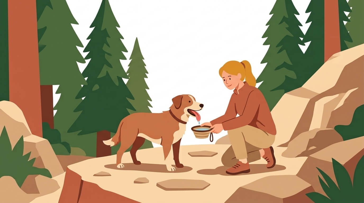 Illustration for hiking with dogs safety showing an owner offering water to her dog on a sunny trail.