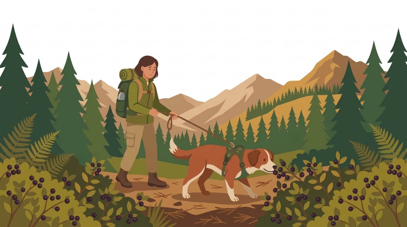 Illustration for hiking with dogs safety showing an owner gently pulling the leash to guide their dog away from wild plants on a forest trail.