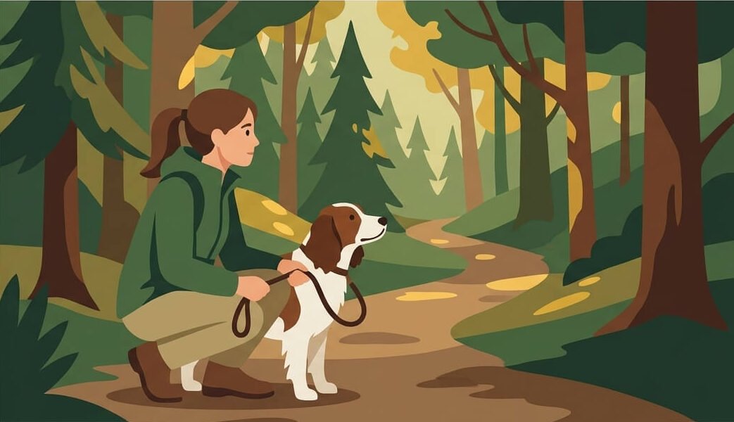 Illustration for hiking with dogs safety showing an owner crouching with their dog on a short leash, looking toward something in the distance on a forest trail.