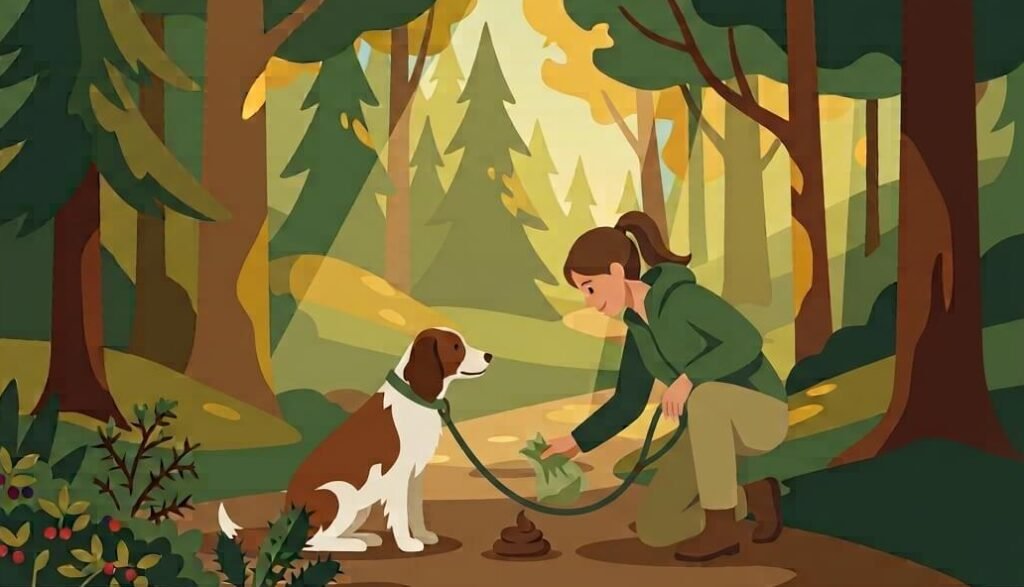 Illustration for hiking with dogs safety showing a dog walking quietly on a leash past dense bushes and a bird nest on a forest trail.