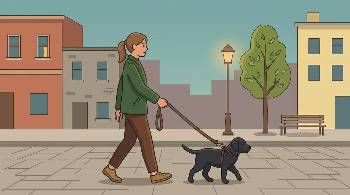 Illustration for sidewalk hazards for dogs showing a woman walking her dog on a sidewalk.