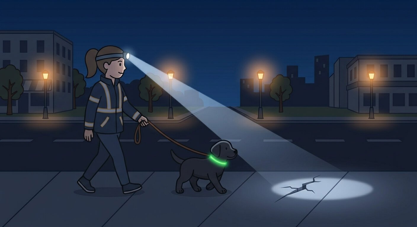Illustration for night dog walking safety showing an owner using a headlamp to spot pavement cracks on a night walk.