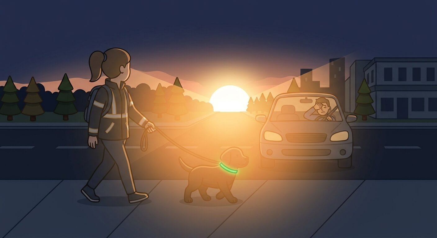 Illustration for night dog walking safety showing how low-angle sun at dawn and dusk can blind drivers.