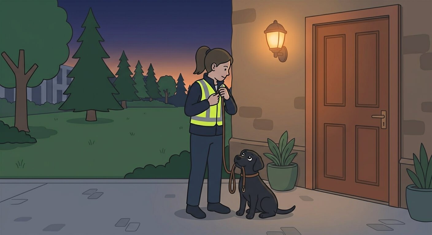 Illustration for night dog walking safety showing a woman putting on a reflective vest while her dog holds the leash, ready for a walk.