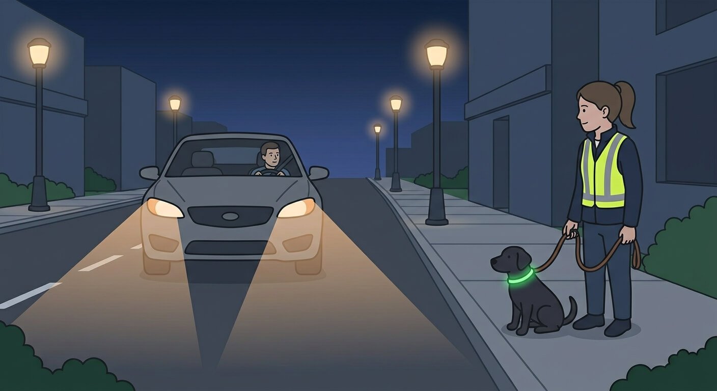 Illustration for night dog walking safety showing a woman and her dog waiting to cross the road at night while making eye contact with a driver.