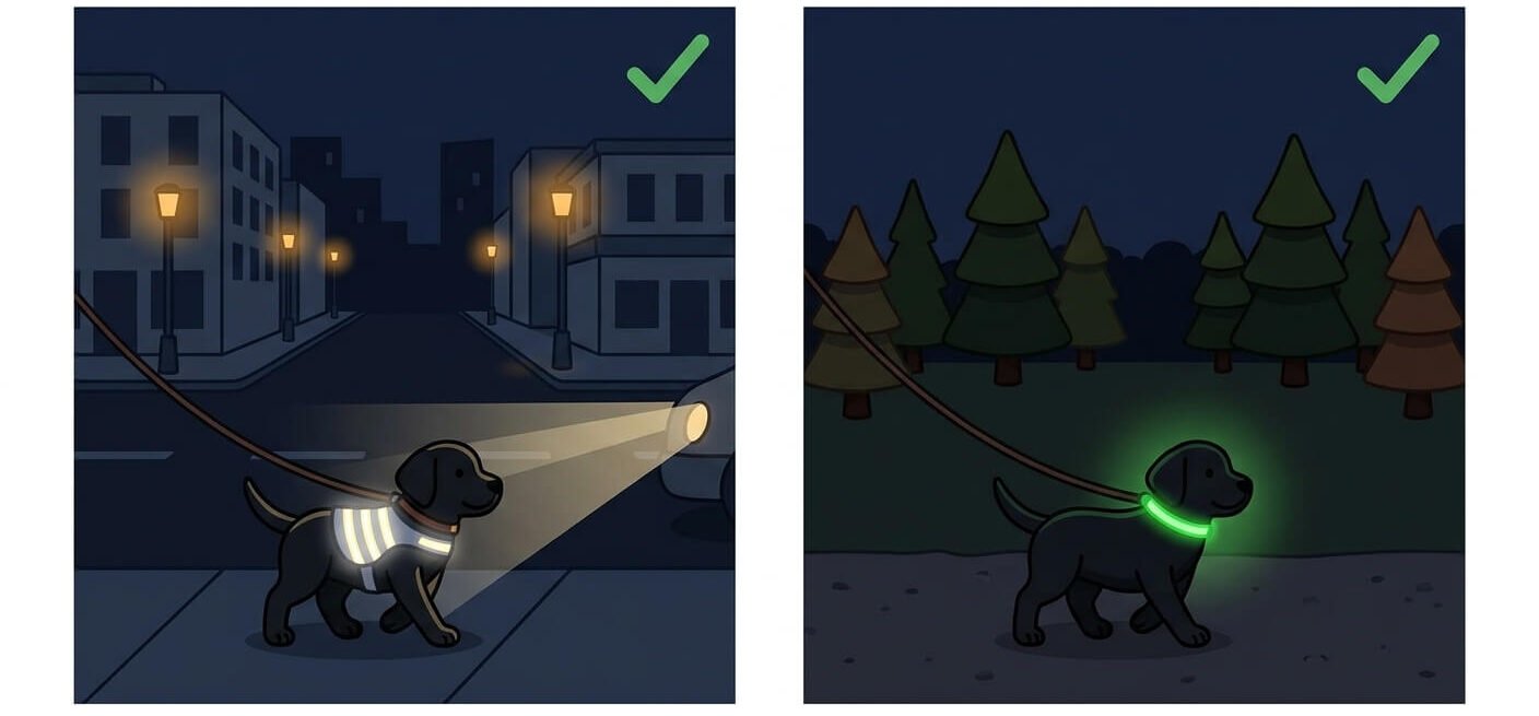 Illustration for night dog walking safety comparing reflective gear and LED gear for night walks.
