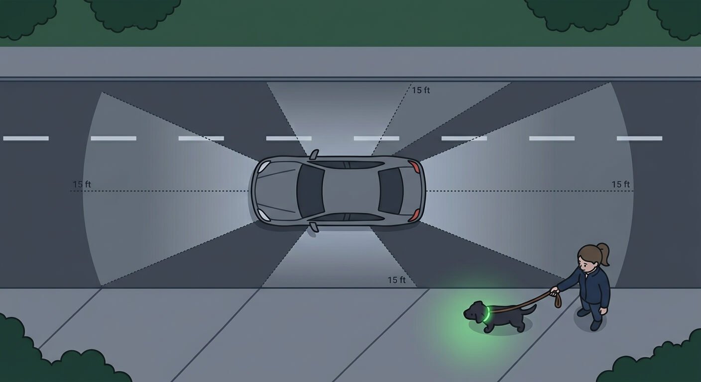 Illustration for night dog walking safety showing blind spots around a car and a safe distance for dog walkers.