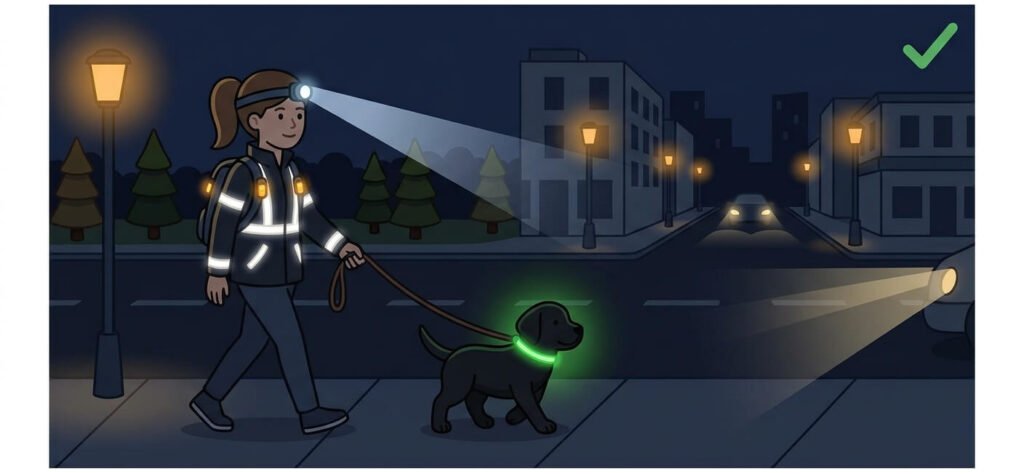 Illustration for night dog walking safety showing an owner and dog wearing reflective and LED gear on a night walk.
