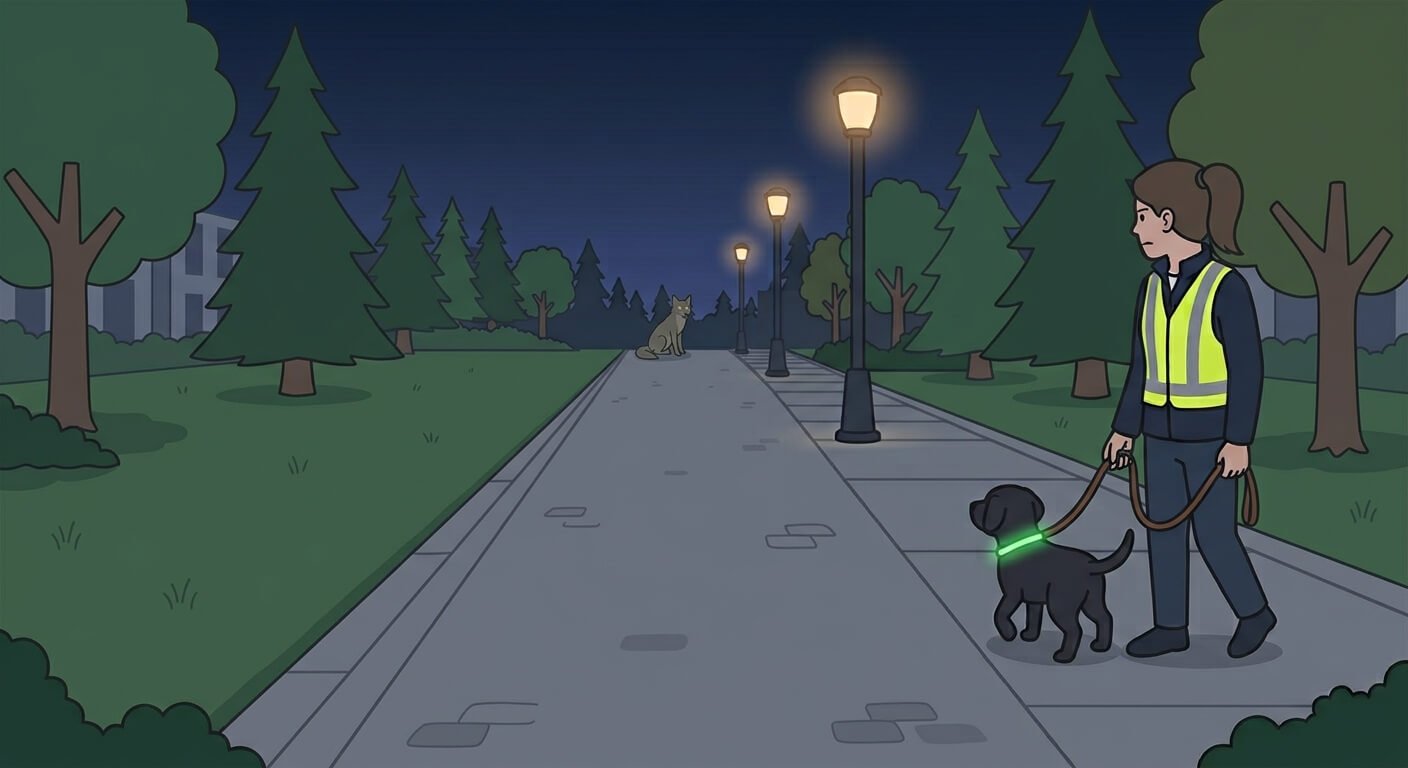 Illustration for night dog walking safety showing a woman and dog keeping distance from a coyote on a night walk.