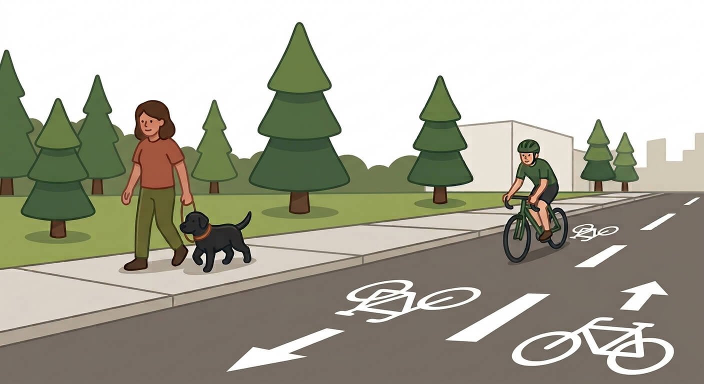 Illustration for outdoor dog safety showing a woman walking her dog on the inside of the sidewalk away from a bike lane.