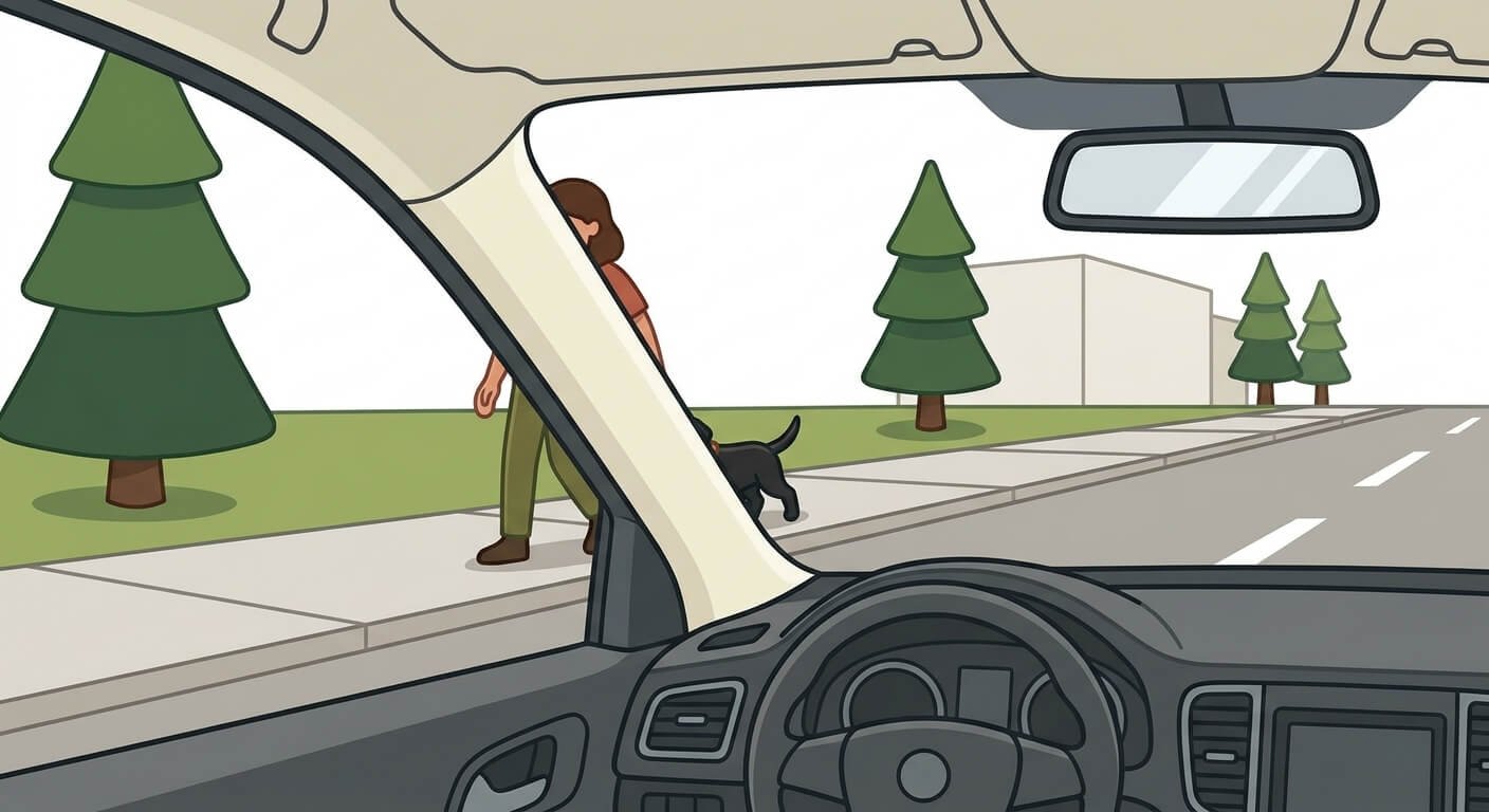 Illustration for outdoor dog safety showing how a car's A-pillar can hide a dog and owner from the driver's view.