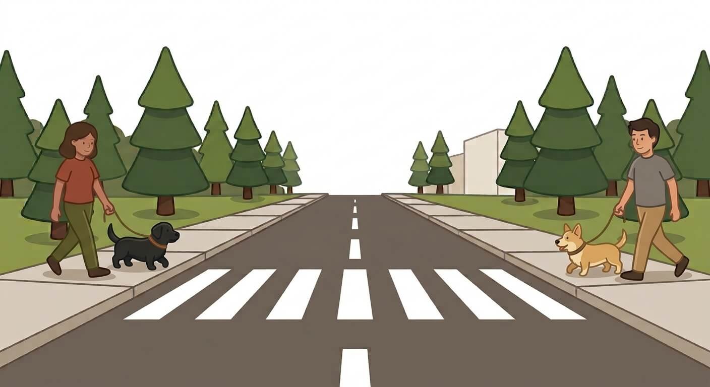 Illustration for outdoor dog safety showing two dog owners keeping distance while walking their dogs on opposite sides of a street.