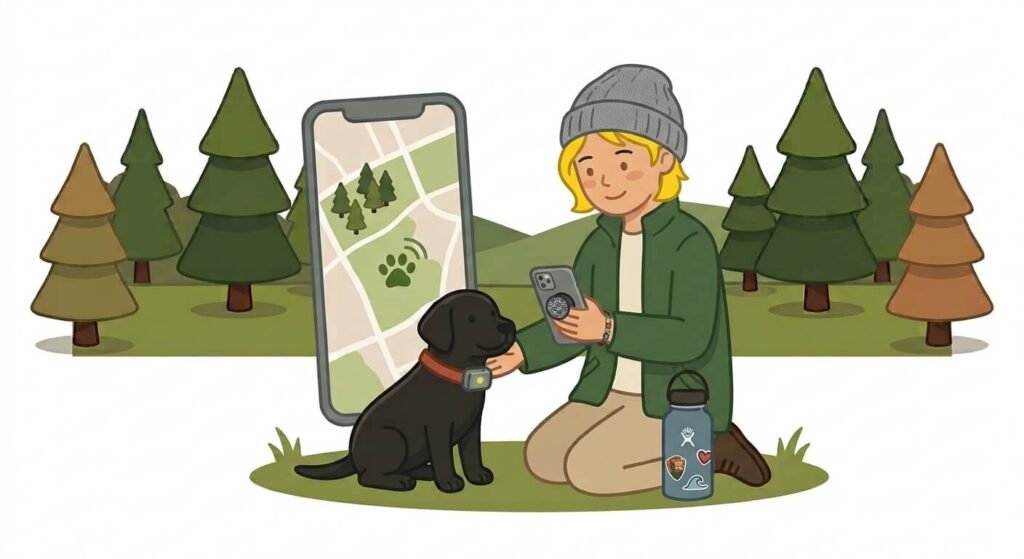Illustration for outdoor dog safety showing a woman checking a GPS tracker app on her phone while her dog wears a tracker collar.