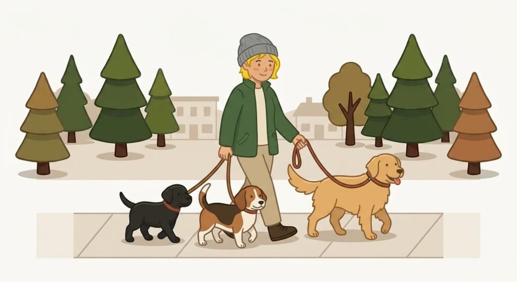 Illustration for outdoor dog safety showing a woman walking three different dog breeds calmly on leashes.