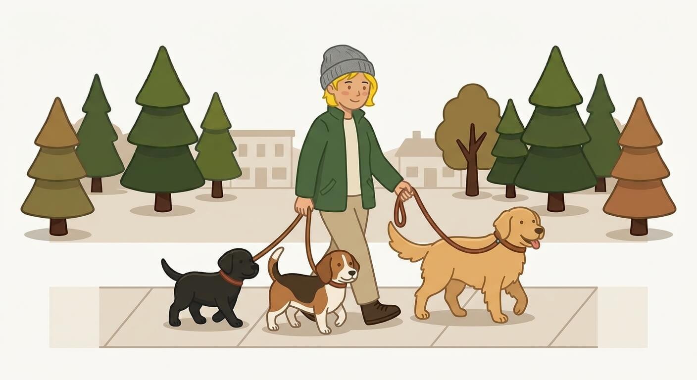 Illustration for outdoor dog safety showing a woman walking three different dog breeds calmly on leashes.