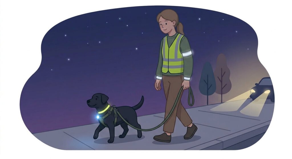 Illustration for outdoor dog safety showing a woman and her dog wearing reflective gear on a night walk.
