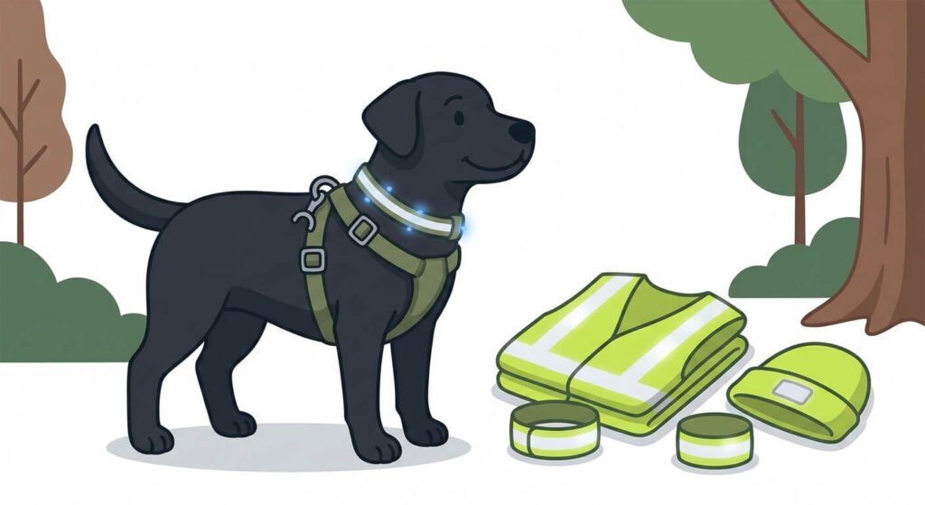 Illustration for outdoor dog walking safety showing reflective gear for dogs and owners, including collars, harnesses, and vests.