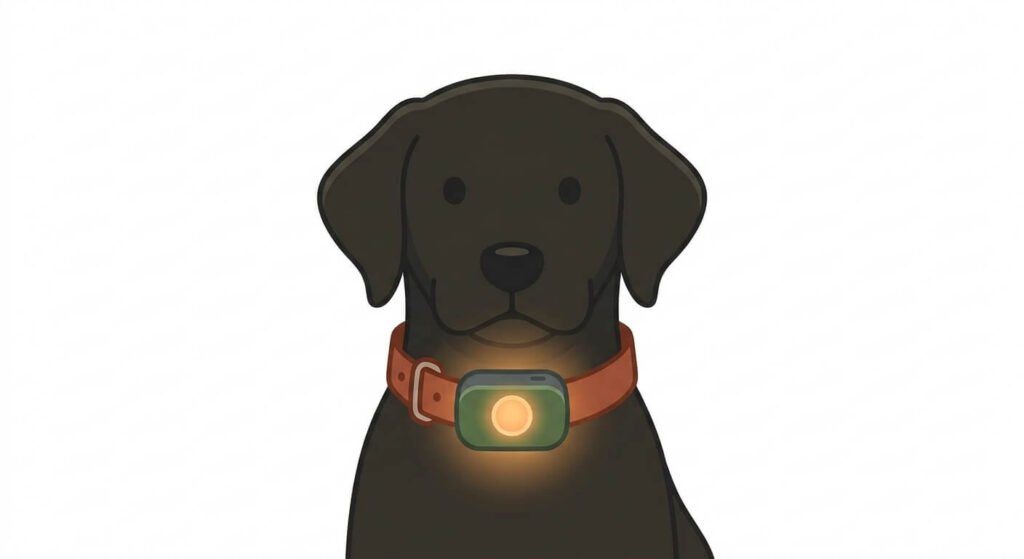 Illustration for outdoor dog safety showing a dog wearing a smart collar with a tracking device.