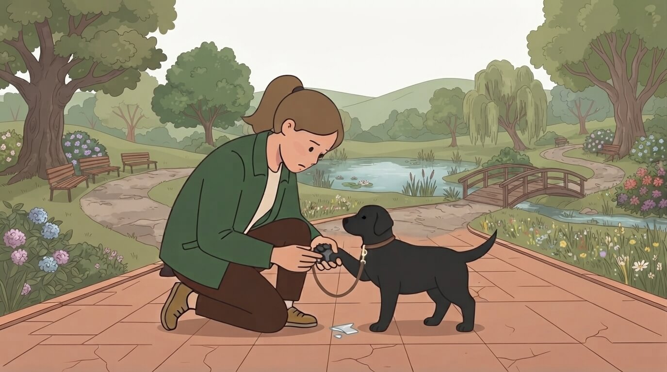 Cartoon illustration of a dog owner checking their dog's paw on a sidewalk