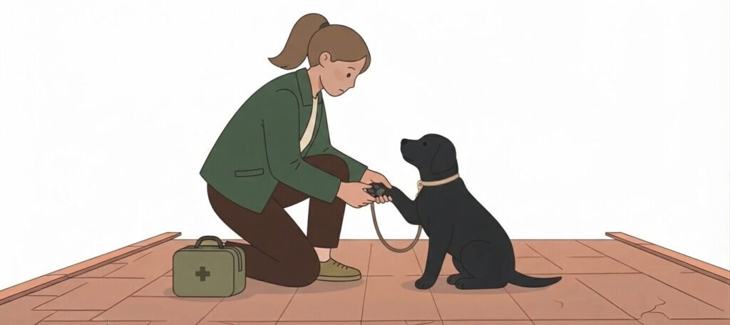 Illustration for sidewalk hazards for dogs showing an owner examining her dog's paw with a first-aid kit nearby.