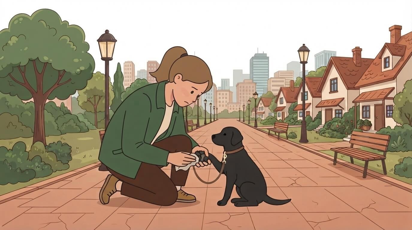 Illustration for sidewalk hazards for dogs showing an owner checking and cleaning her dog's paw after a walk.