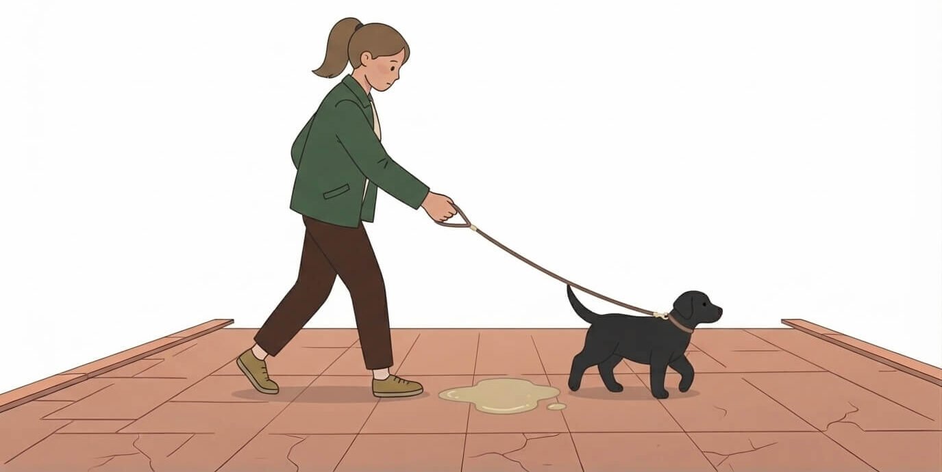 Illustration for sidewalk hazards for dogs showing an owner guiding her dog around a spilled substance on the sidewalk.