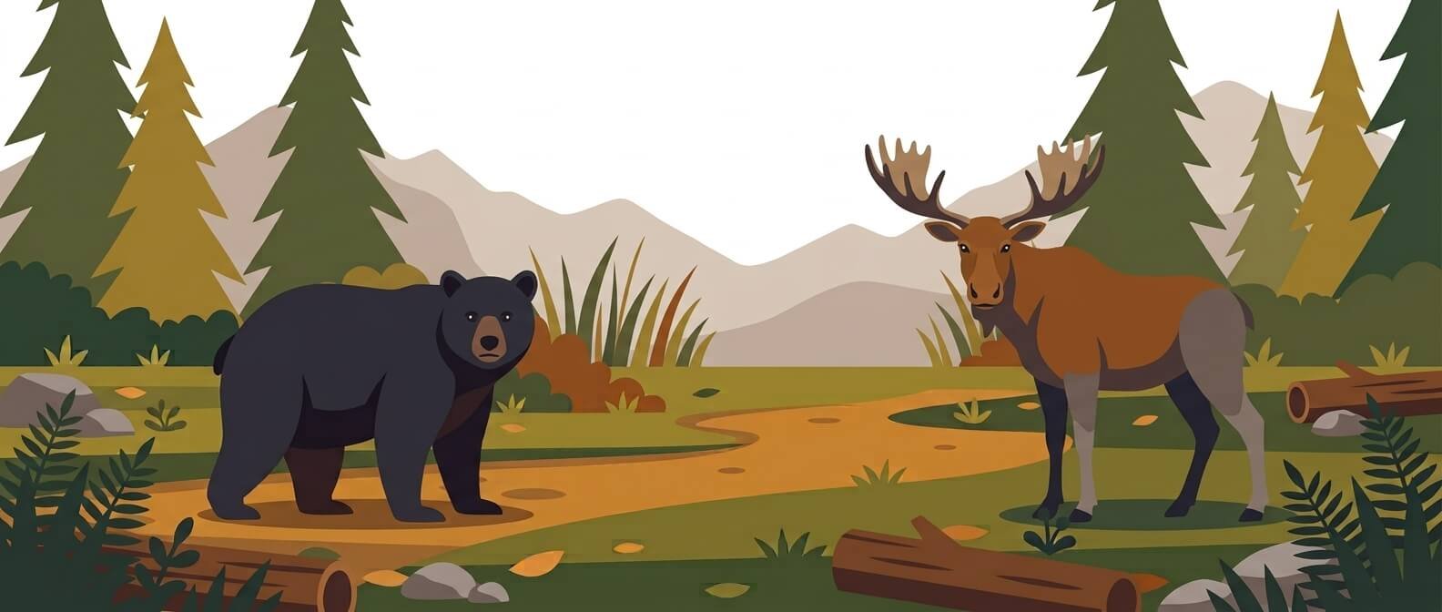 Illustration for wildlife and environmental safety showing a black bear and a moose in a forest clearing, both facing forward.