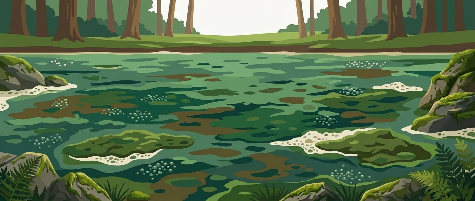 Illustration for wildlife and environmental safety showing a close-up of a pond covered with a thick green algae bloom.