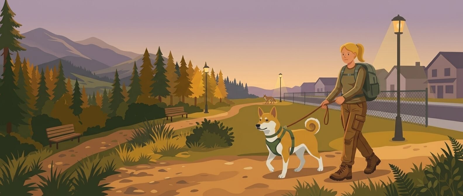 Illustration for wildlife and environmental safety showing a coyote near a suburban park at dusk while an owner holds their dog close on a leash.