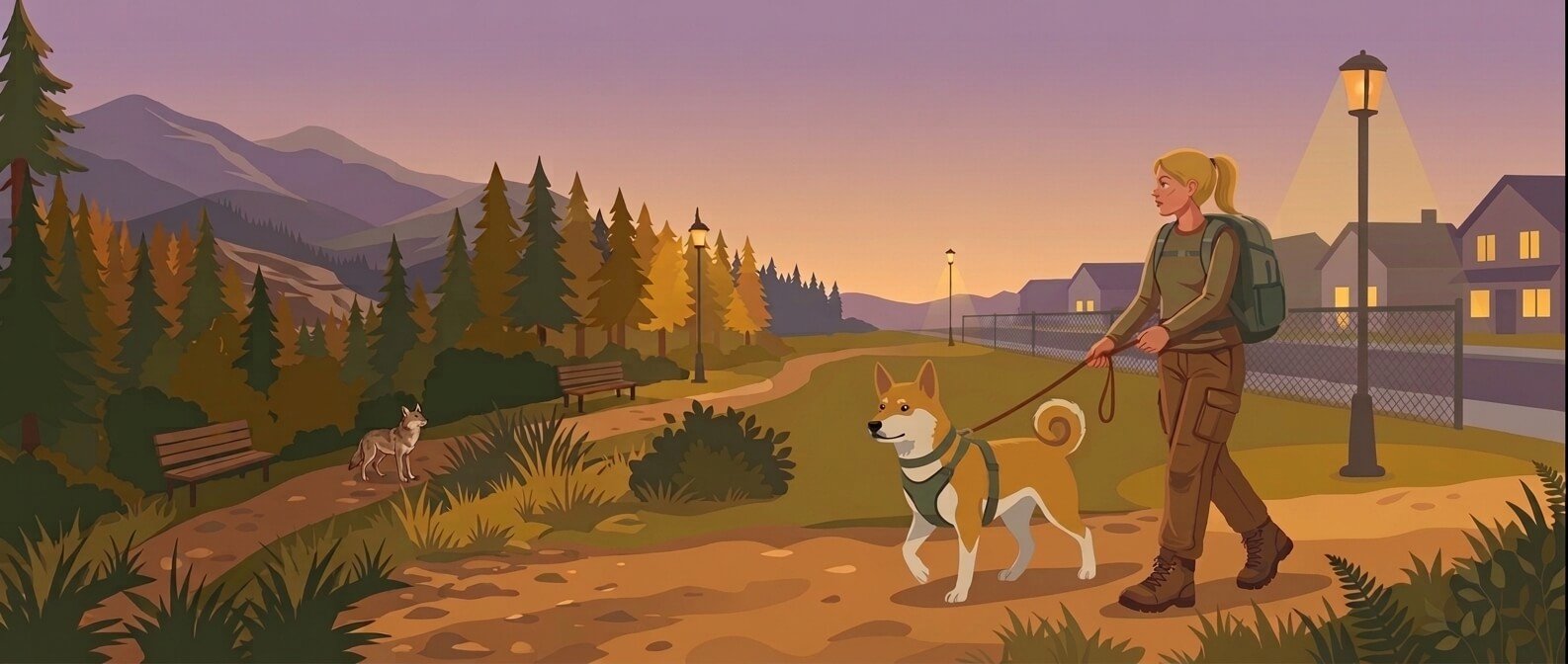Illustration for wildlife and environmental safety showing a coyote on a park path watching a dog and its owner walking at dusk.