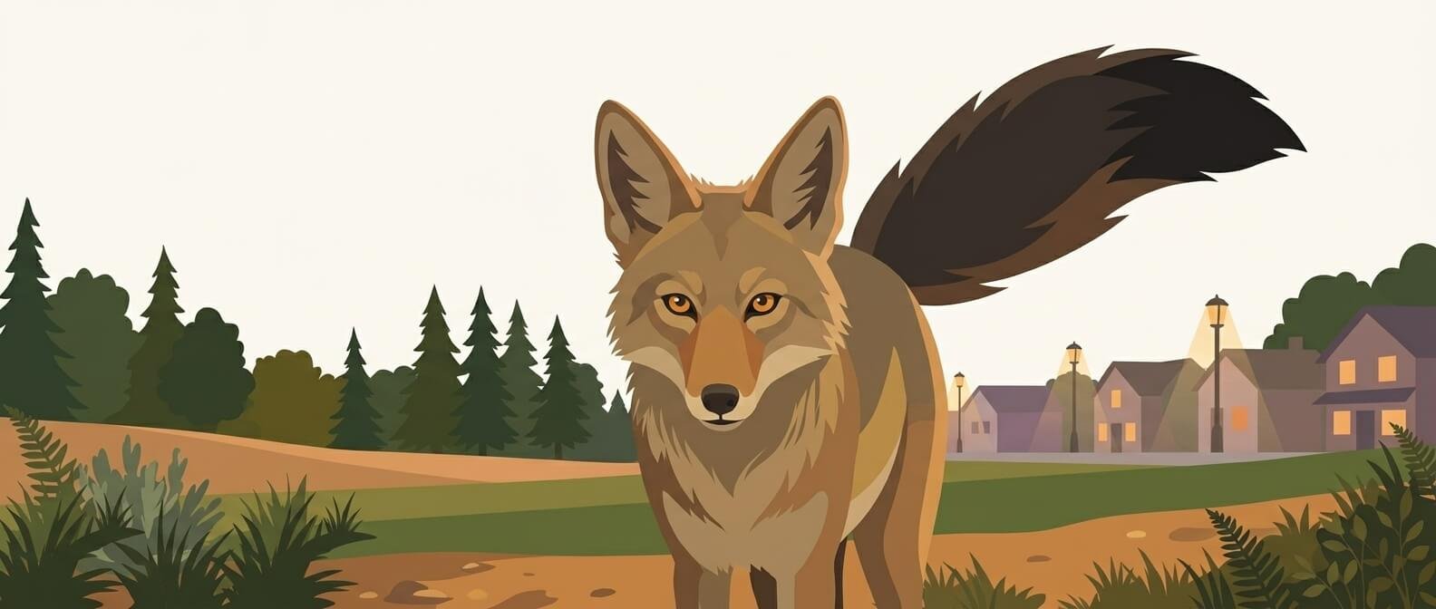 Illustration for wildlife and environmental safety showing a coyote watching a dog and owner from the edge of a suburban park at dusk.