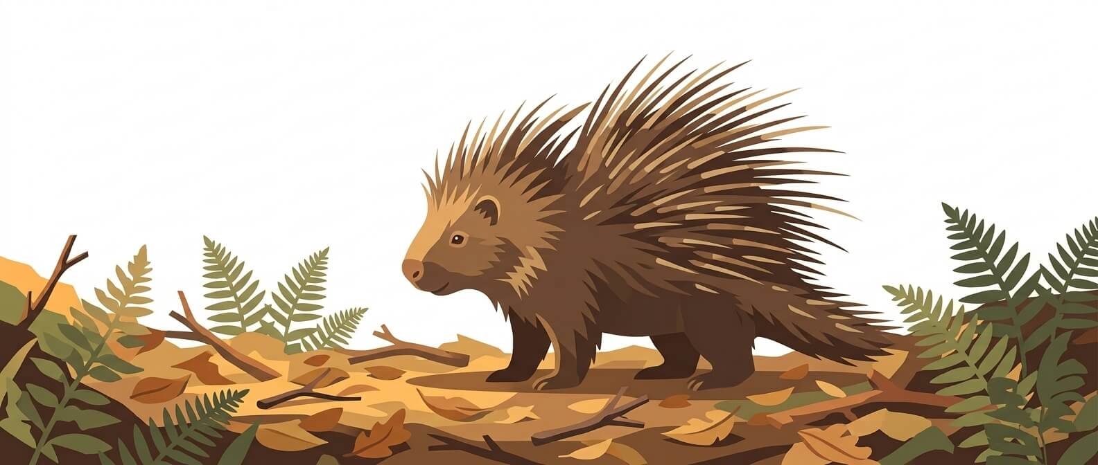 Illustration for wildlife and environmental safety showing a close-up of a porcupine with its quills raised on a forest floor.