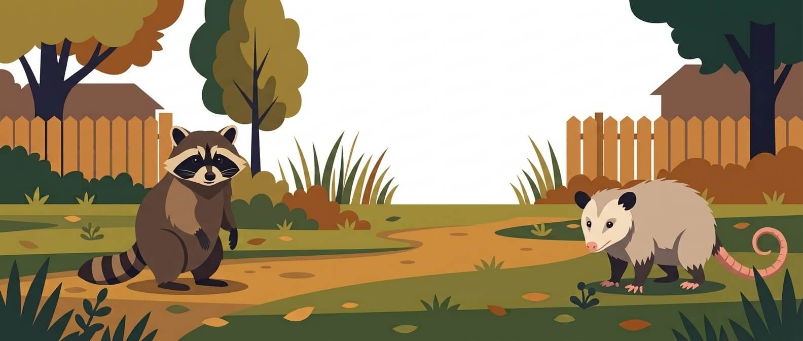 Illustration for wildlife and environmental safety showing a raccoon and an opossum on a suburban lawn.