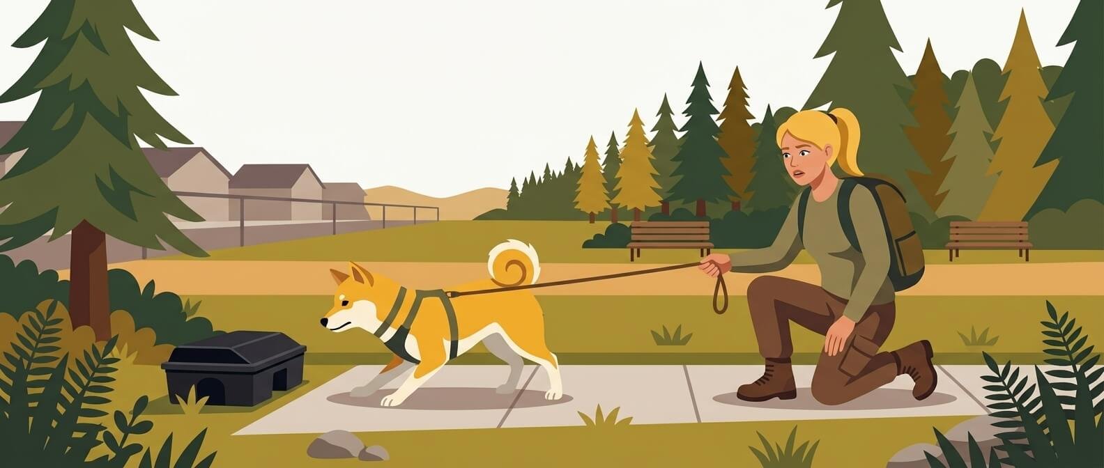 Illustration for wildlife and environmental safety showing a dog on a leash approaching a rat poison bait station while its owner pulls it back.