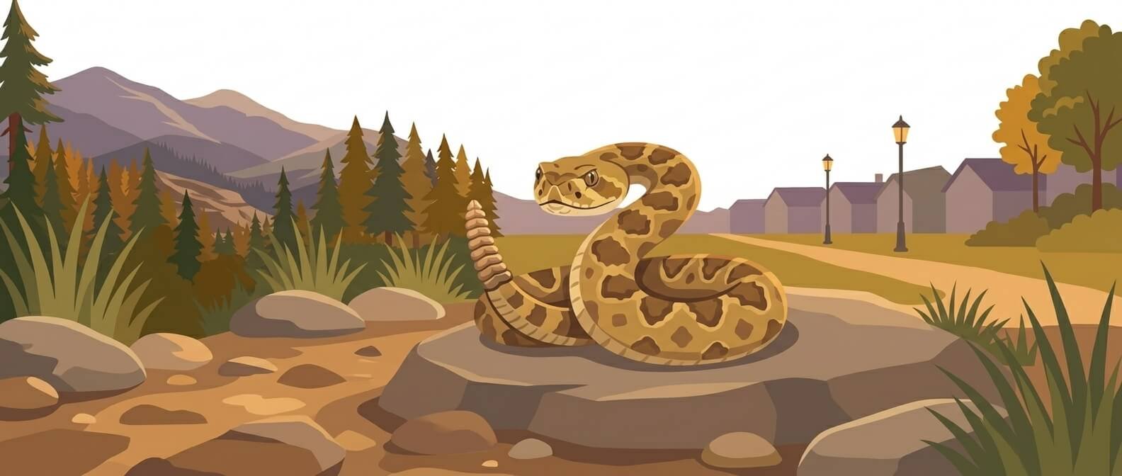Illustration for wildlife and environmental safety showing a close-up of a rattlesnake coiled on a rocky trail.