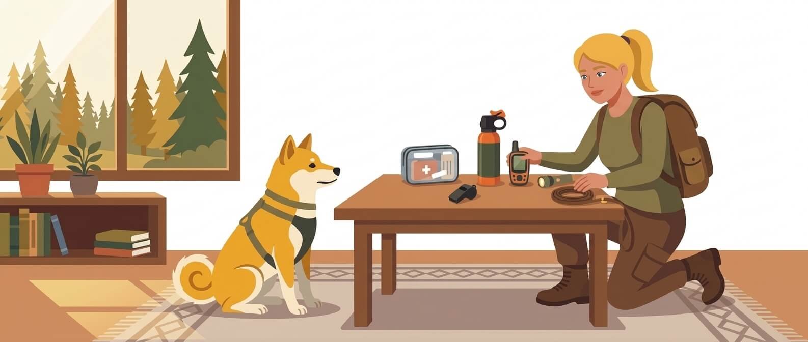 Illustration for wildlife and environmental safety showing an owner packing a wildlife safety kit with a whistle, bear spray, GPS tracker, flashlight, first-aid kit, and short leash.
