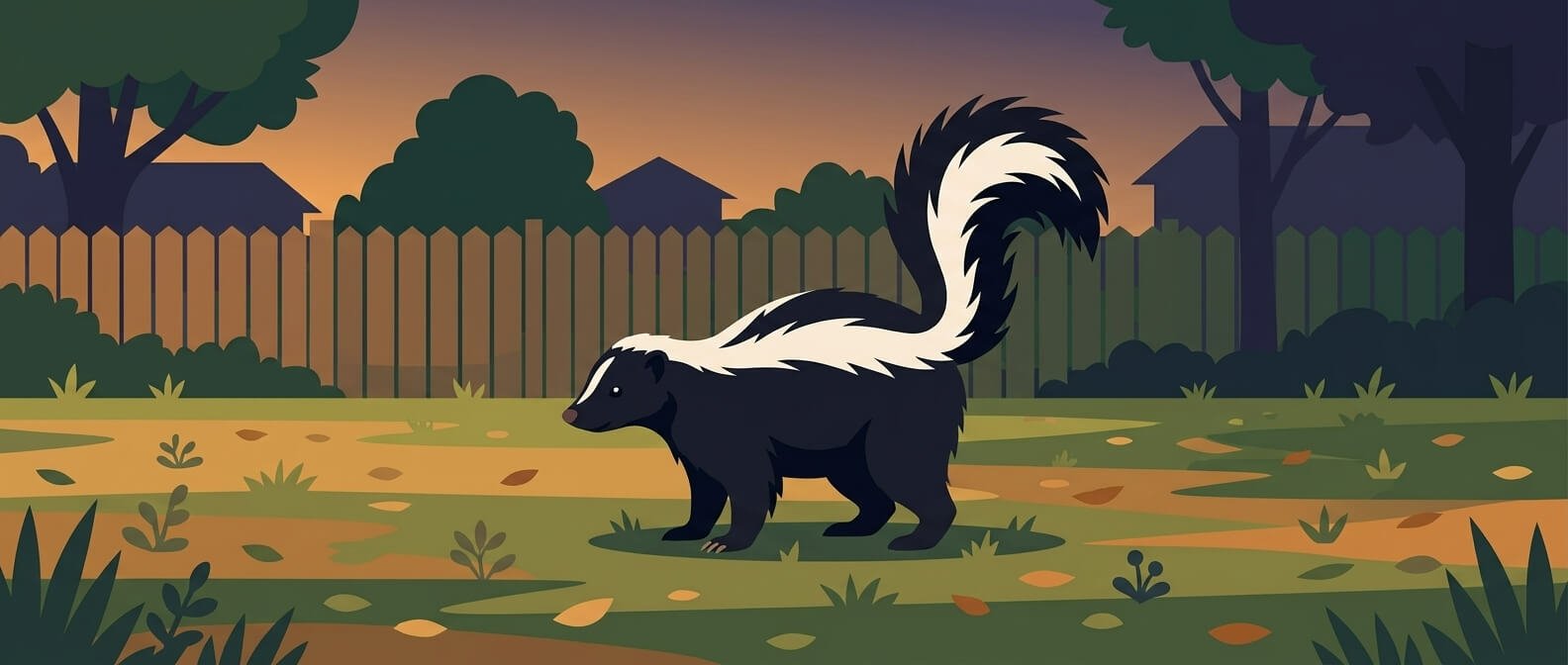 Illustration for wildlife and environmental safety showing a close-up of a skunk with its tail raised.