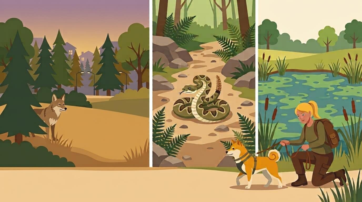 Illustration for wildlife and environmental safety showing three risks: a coyote at a suburban park, a rattlesnake on a trail, and a pond with green algae bloom.
