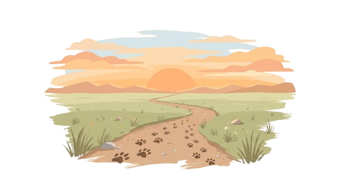 A serene landscape illustration of a path leading towards a warm sunset. Honoring the memory of our dogs and their beautiful journeys.