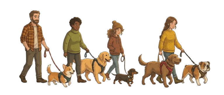Cartoon illustration of dog owners walking their dogs together in a sunny park